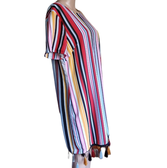 Aidan Mattox Womens Multicolored Stripes Shift Dress Tasseled Scoop Neck Size 14 - Picture 5 of 10